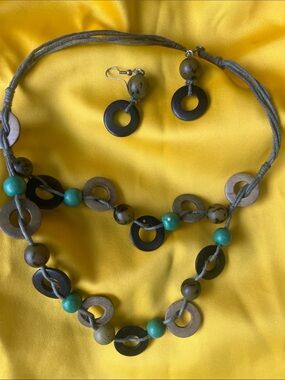 Boho Multi-Tone Wood Bead Necklace & Earring Set - Green and Brown